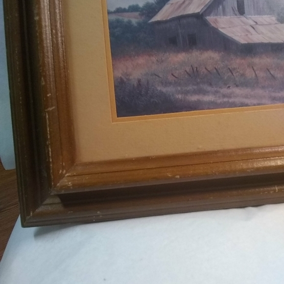 VINTAGE Wood Framed & Matted Art  Signed Gibson Countryside Farmhouse Barn Rare - Picture 11 of 12